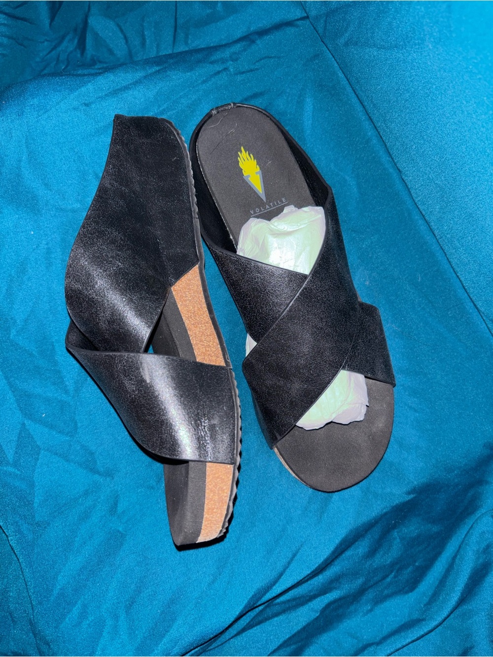 Volatile Black Crisscross Slide Sandals with Cork-Accent Midsole